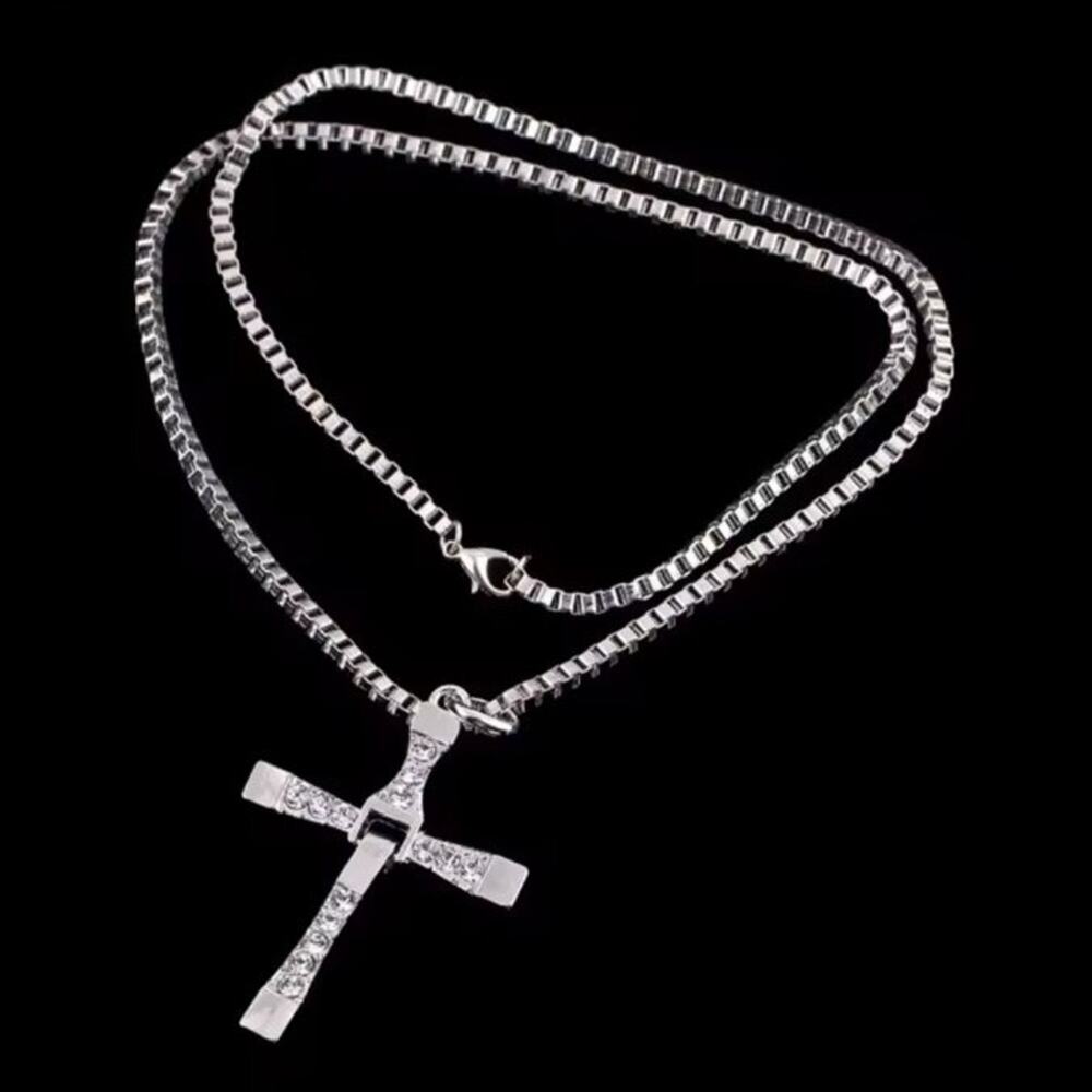 Silver Cross Necklace Fast & Furious CZ Diamonds Christian Vin Diesel Faith Gift